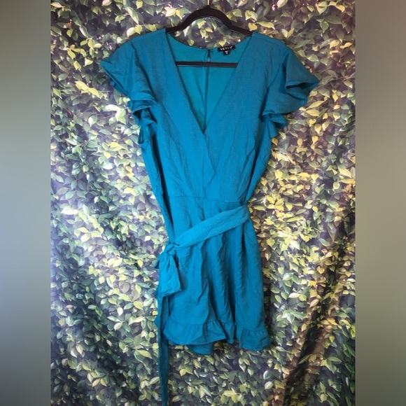VENUS Teal Blue Wrap Romper with Flutter Sleeves - Picture 2 of 16